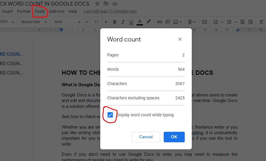 How to display word count while typing in Google Docs