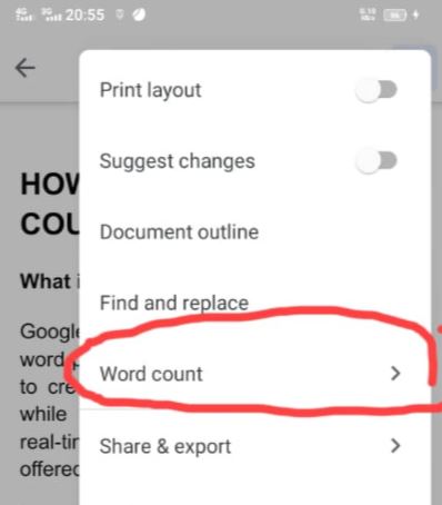 Word count on Google Docs using an Android device